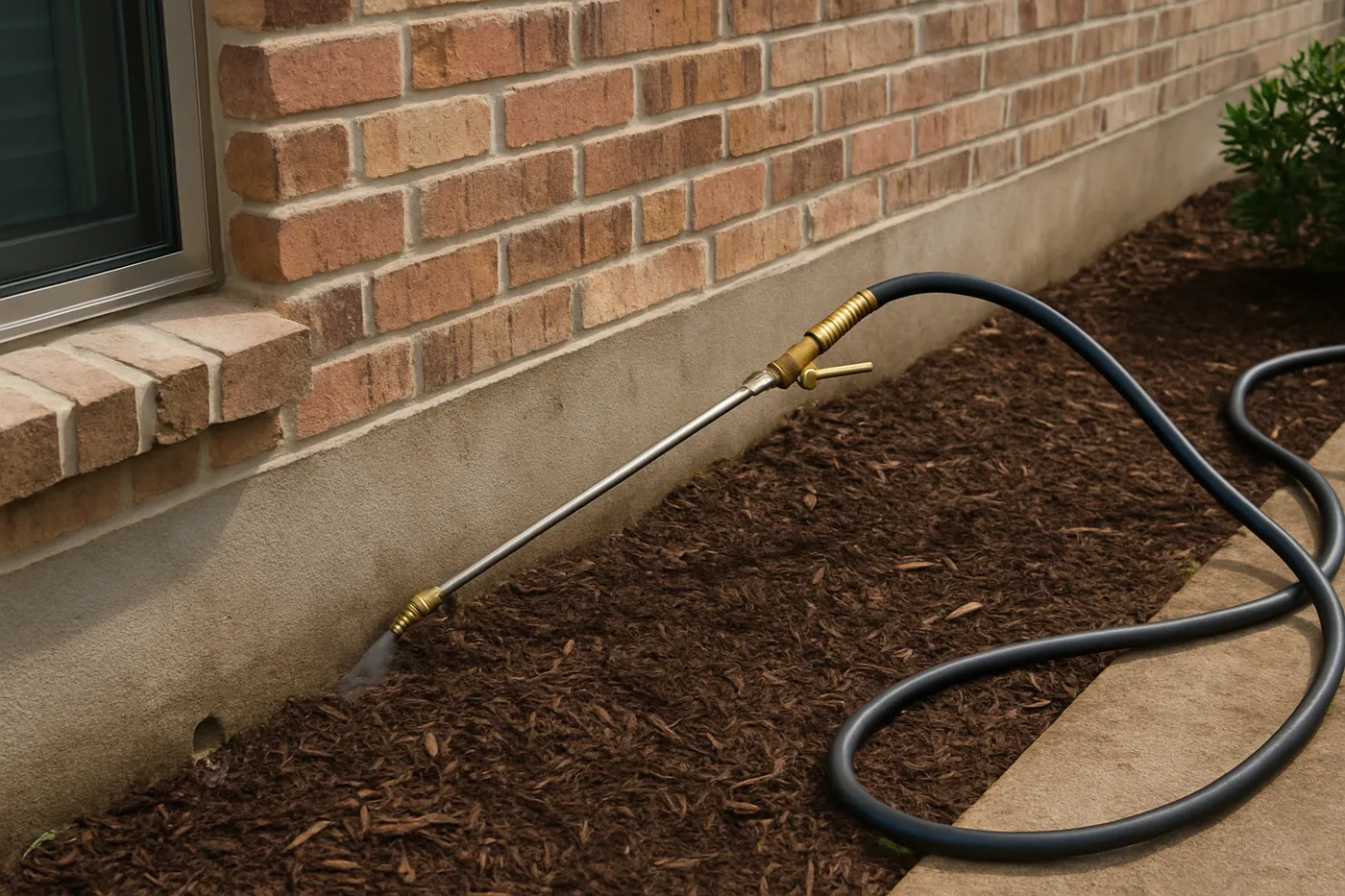 Pest control equipment treating the exterior foundation and weep holes of a Cleburne home