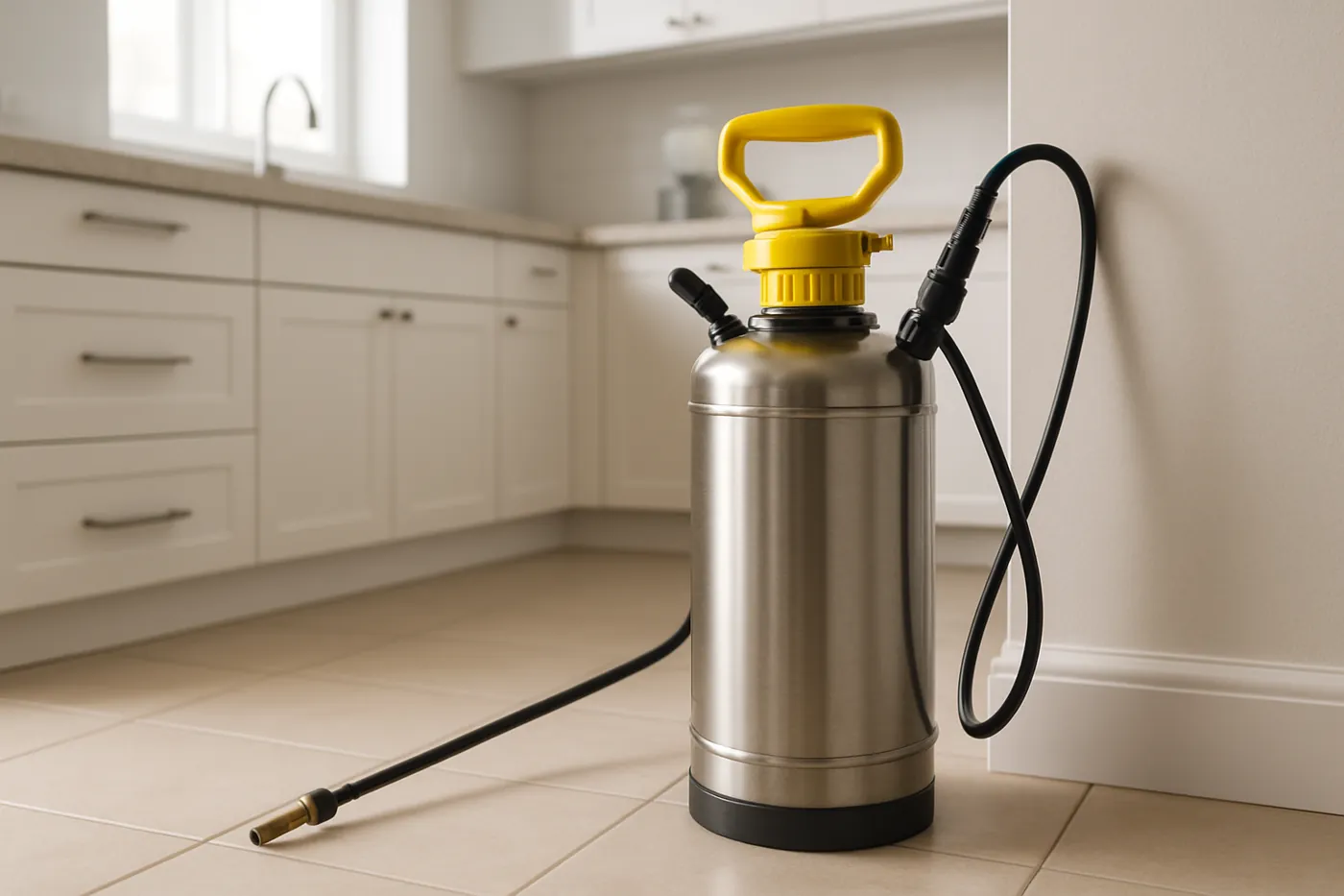 Pest control sprayer treating a clean Cleburne kitchen for ants and roaches